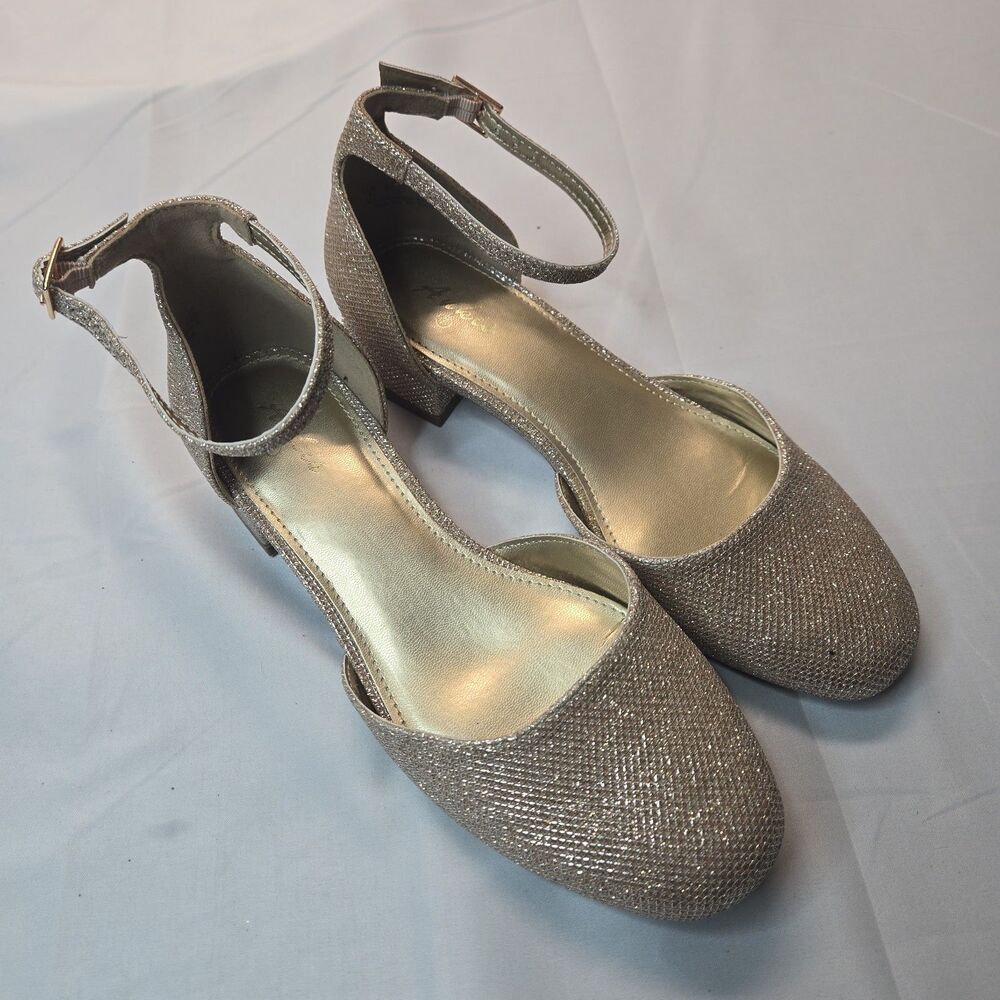 Ankis Y2K Champagne Gold Sparkle Block Heels Sz 7 Closed-Toe Glitter Prom Party